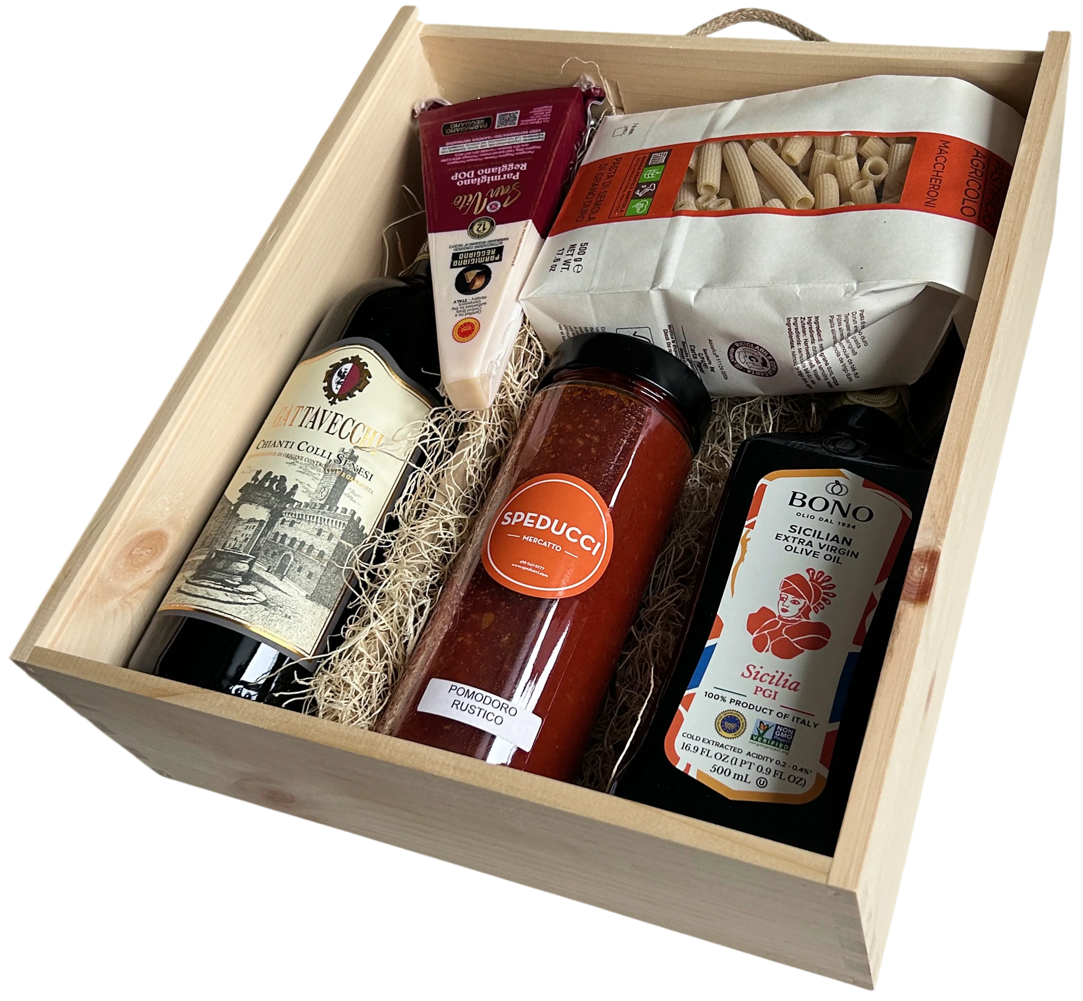 Open Dalla Cantina gift box with pasta, wine, sauce, olive oil, and cheese