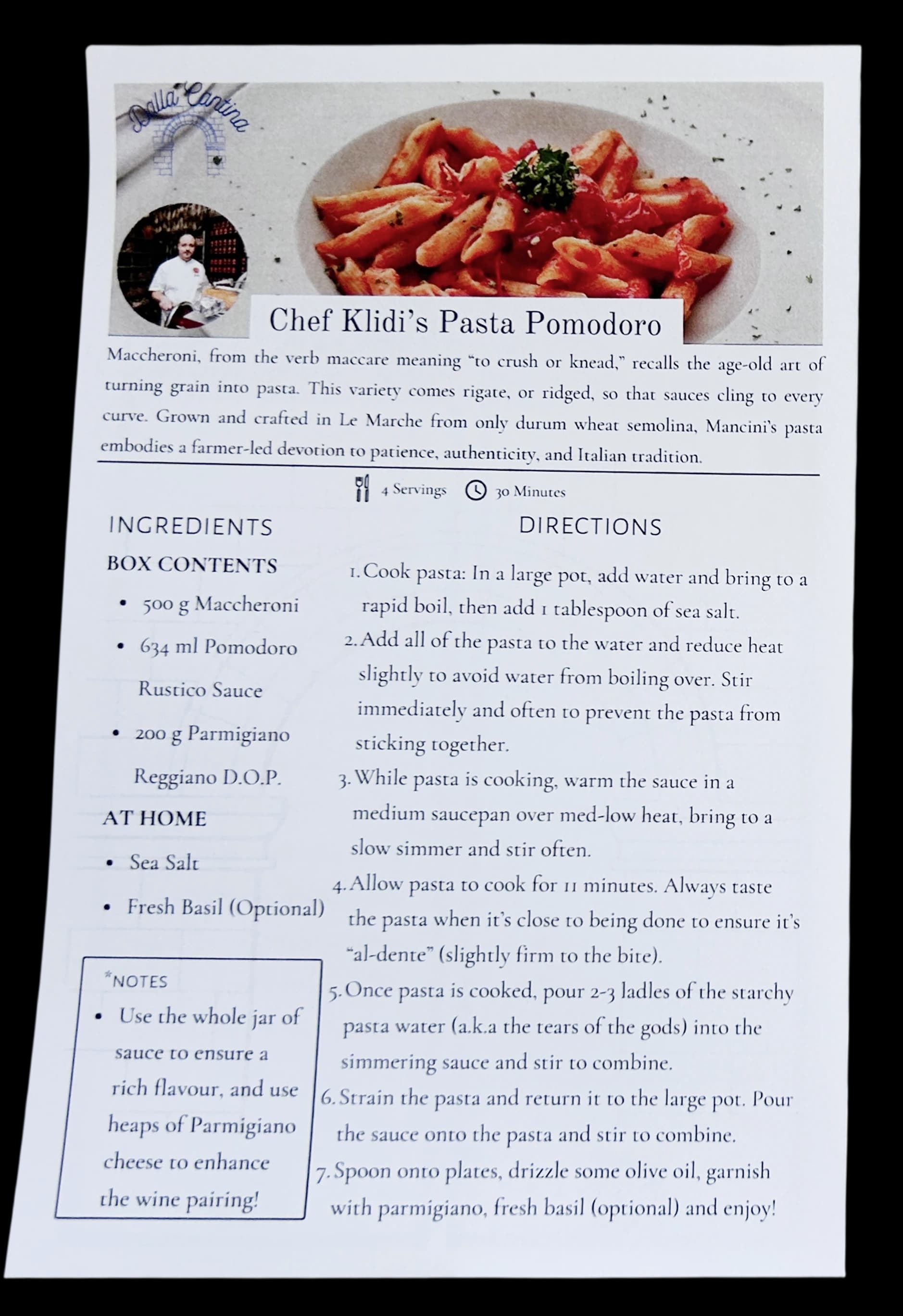 Dalla Cantina recipe card with pasta recipe, ingredients, and directions