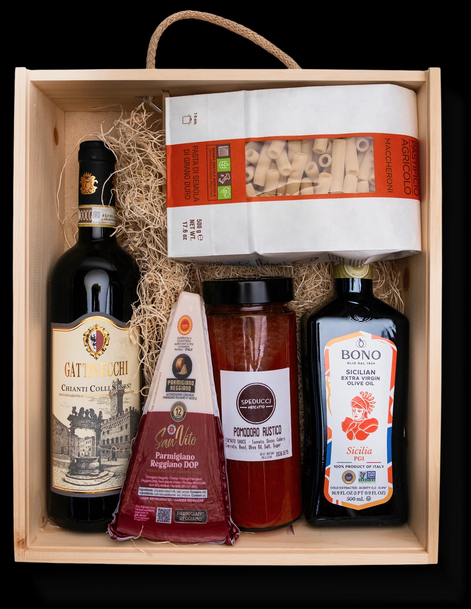 Dalla Cantina wooden gift box with wine, pasta, sauce, and Italian ingredients